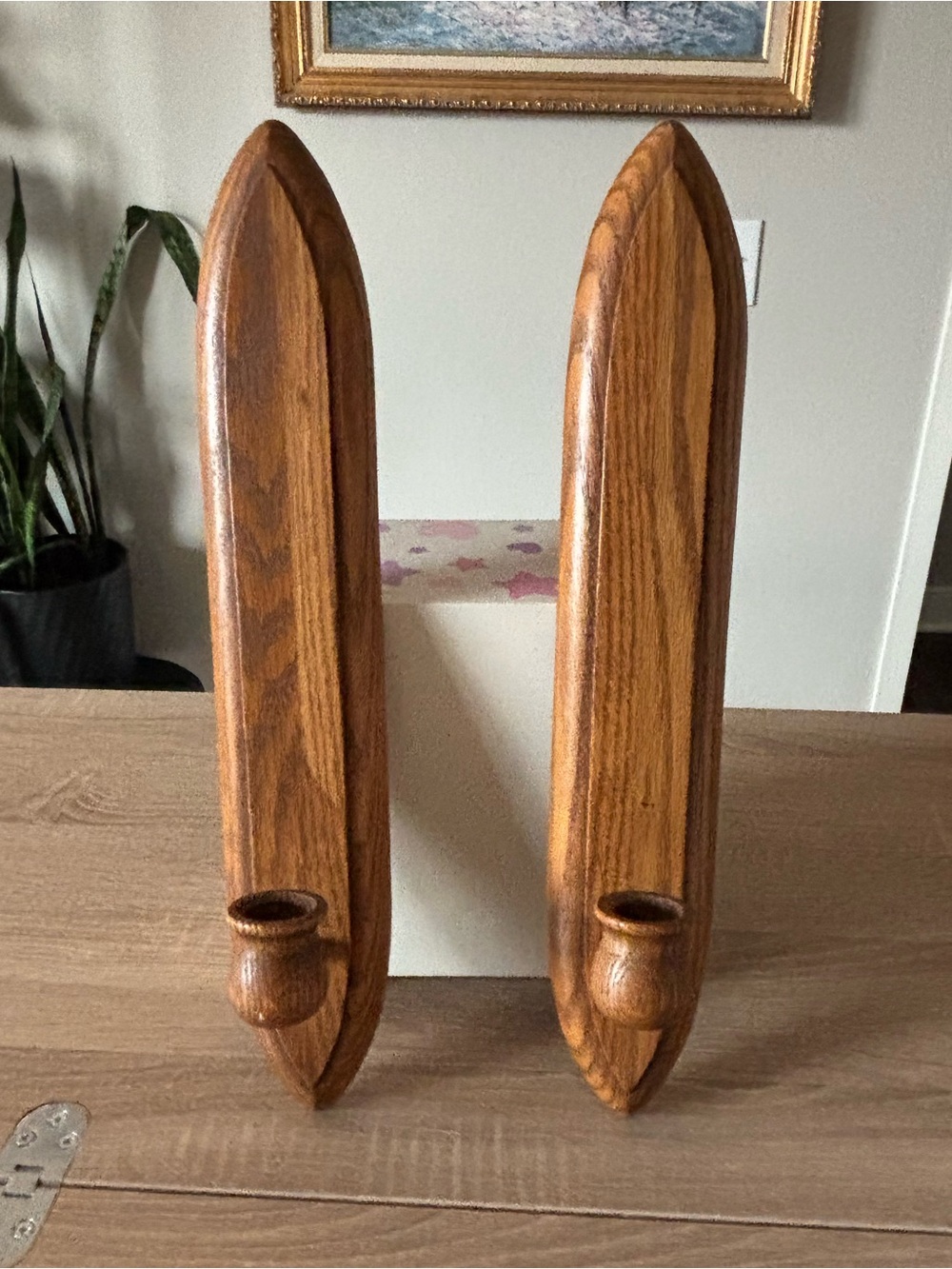 Set of 2 - Vintage Solid Wooden Wall Sconces Pair in Warm Oak
